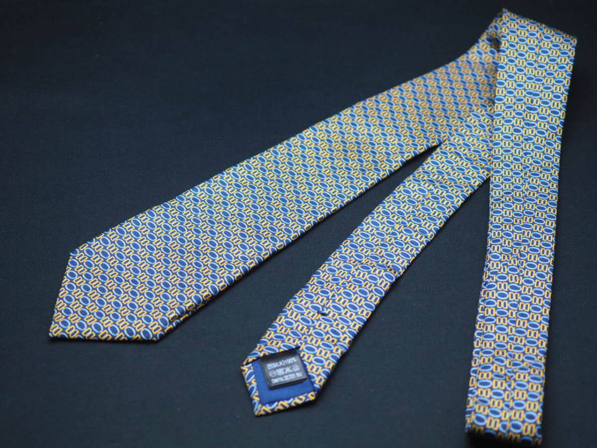 美品【DAKS ダックス】 D1444 ロゴ 黃 ネイビー系 SILK ブランド ネクタイ 古著 良品
