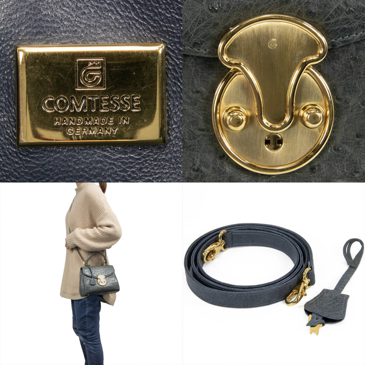 本物 送料無料 コンテス ハンドバッグ ショルダーバッグ オーストリッチ 青緑 グリーン 最高級 ロゴ 斜め掛け ゴールド金具 鞄 バック F244_画像10