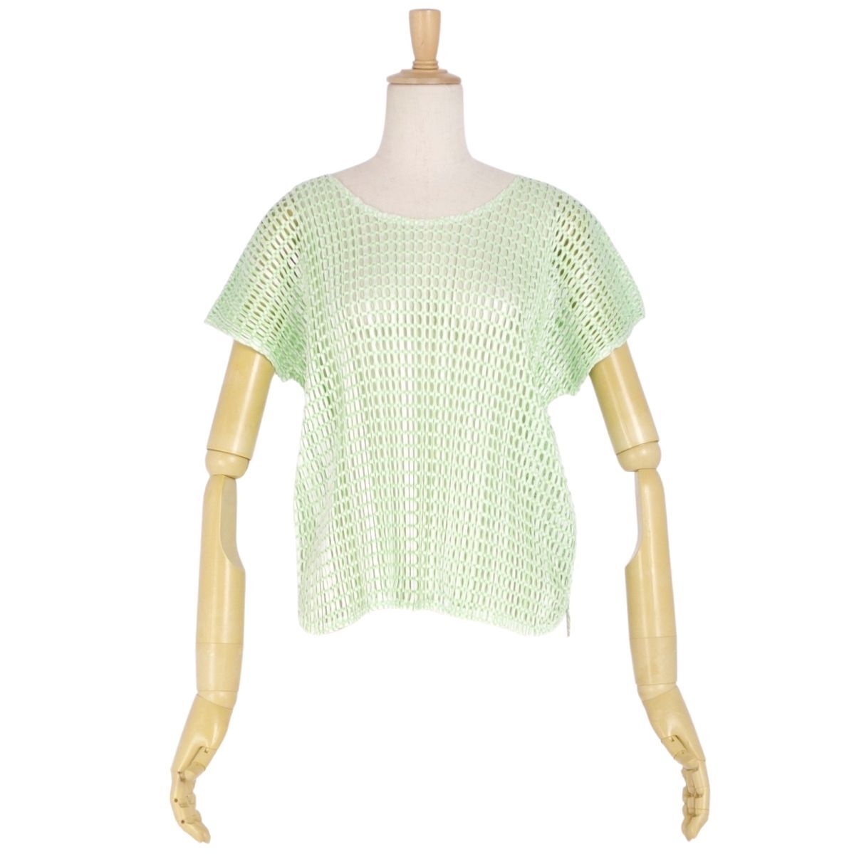 極美品 プリーツプリーズ イッセイミヤケ PLEATS PLEASE シャツ ブラウス フレンチスリーブ メッシュ 3(L相當(dāng)) グリーン ce02dn-rm20e29546