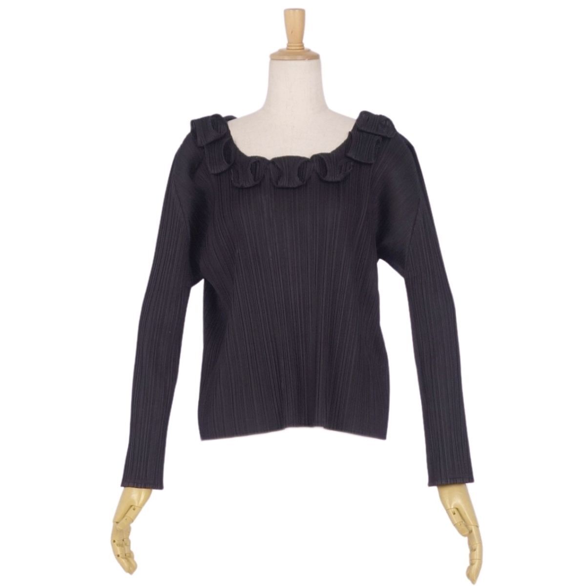 美品 プリーツプリーズ イッセイミヤケ PLEATS PLEASE シャツ ブラウス ロングスリーブ 無地 トップス 3(L相當(dāng))ブラック ce02dn-rm20e29563