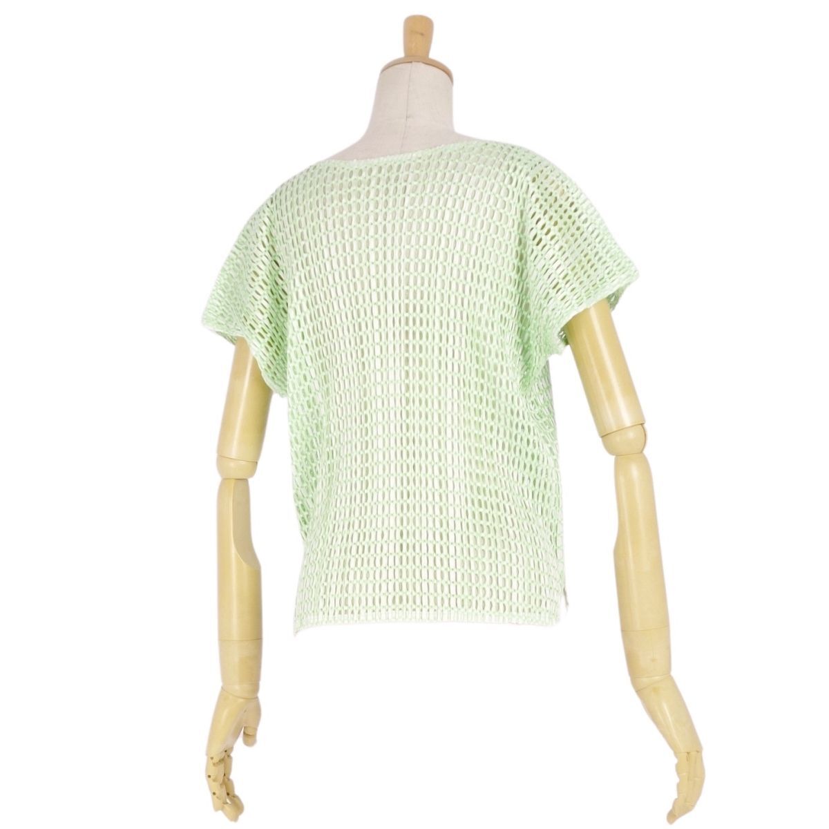 極美品 プリーツプリーズ イッセイミヤケ PLEATS PLEASE シャツ ブラウス フレンチスリーブ メッシュ 3(L相當(dāng)) グリーン ce02dn-rm20e29546