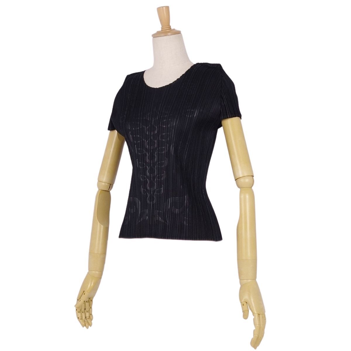 美品 プリーツプリーズ イッセイミヤケ PLEATS PLEASE シャツ ブラウス ショートスリーブ 半袖 総柄 プリーツ 3ブラック ce03ml-rm20e29606