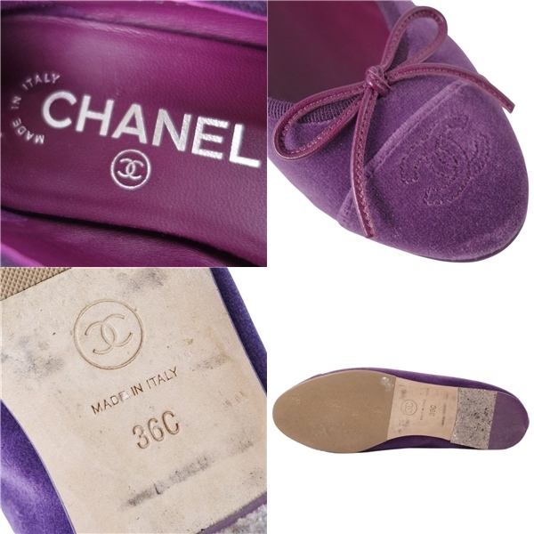 美品 シャネル CHANEL パンプス バレリーナ G02819 リボン ココマーク ベロア シューズ 靴 レディース 36C パープル ce02ds-rm10e29446