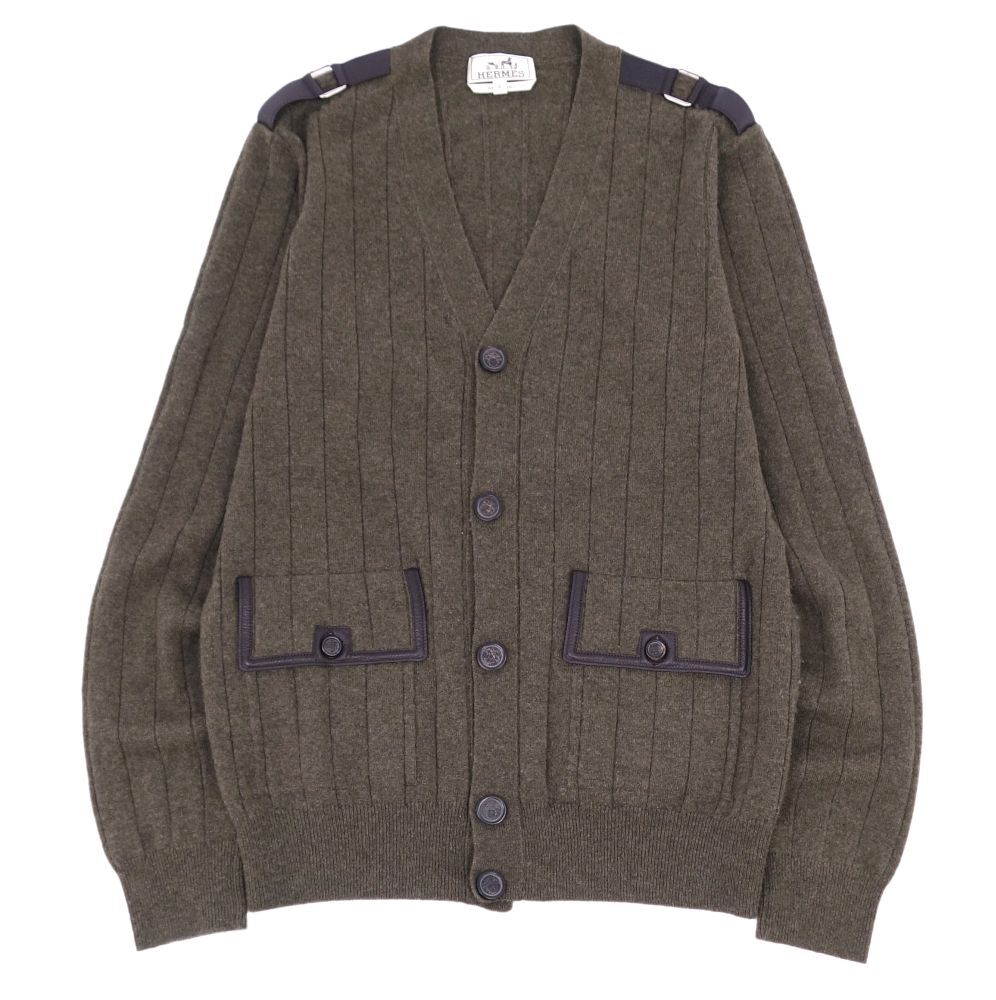 美品 エルメス HERMES カーディガン ニット カシミヤ レザー トップス メンズ イタリア制 S カーキグリーン ce02dd-rm07e29339