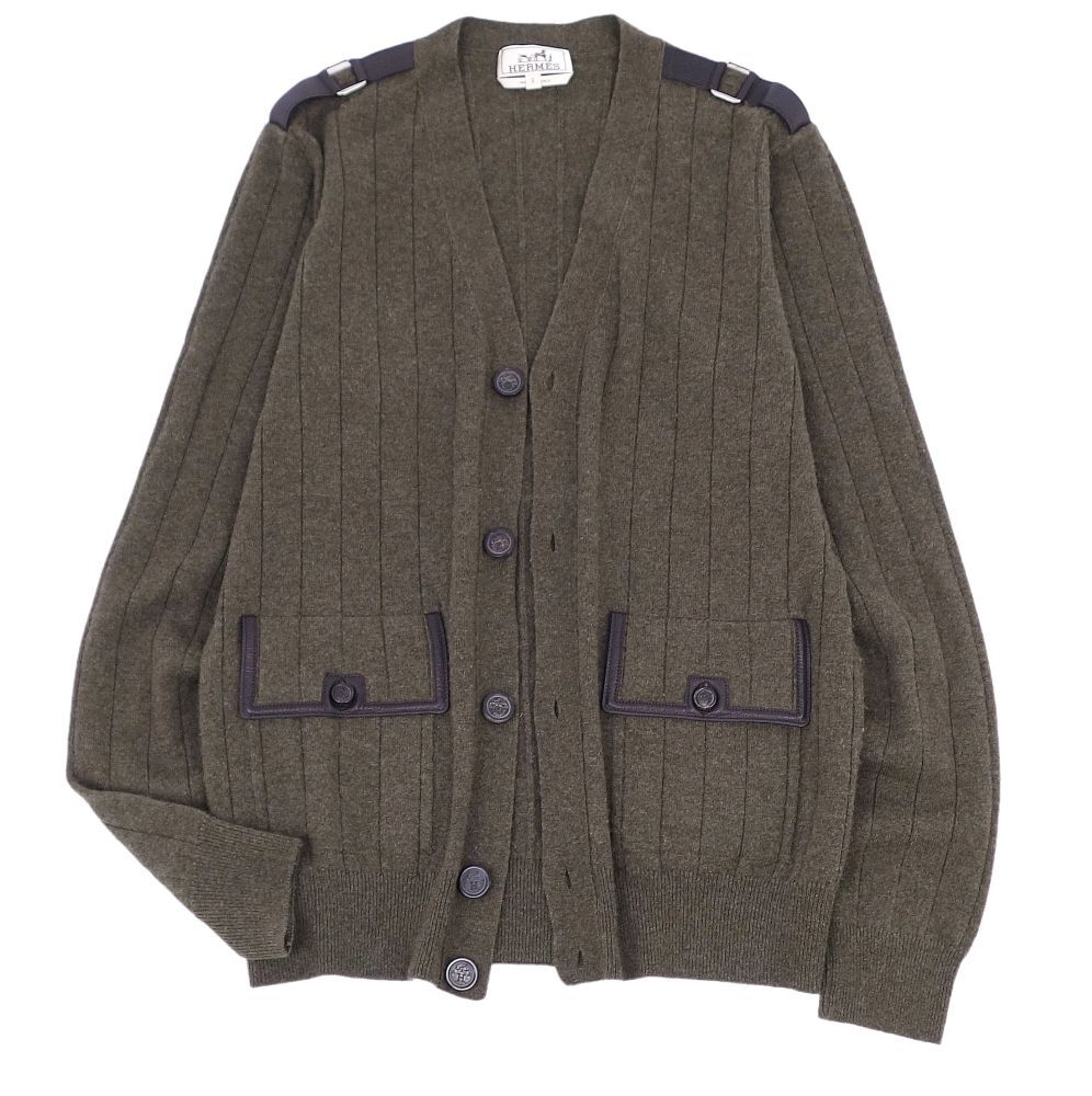 美品 エルメス HERMES カーディガン ニット カシミヤ レザー トップス メンズ イタリア制 S カーキグリーン ce02dd-rm07e29339