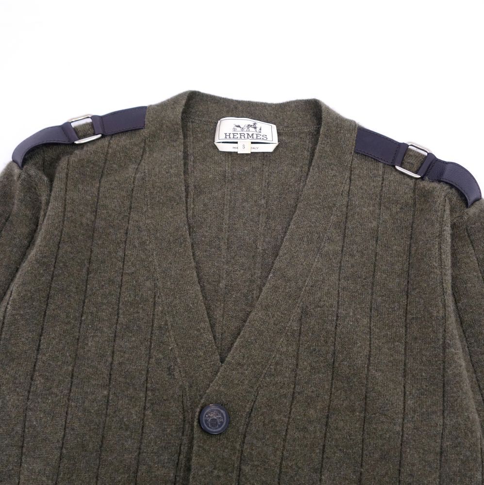 美品 エルメス HERMES カーディガン ニット カシミヤ レザー トップス メンズ イタリア制 S カーキグリーン ce02dd-rm07e29339