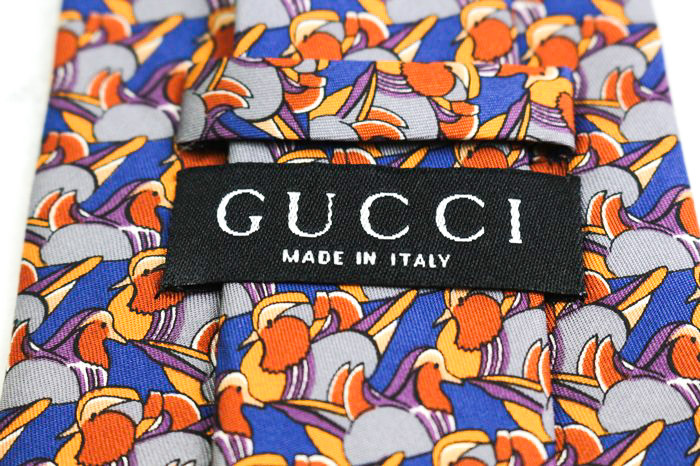 グッチ ブランドネクタイ クレスト紋章 総柄 動物柄 鳥 イタリア制 PO メンズ ブルー GUCCI