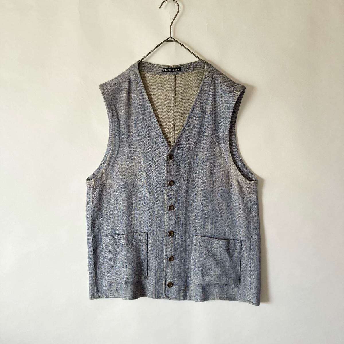 FRANK LEDER ドイツ製 フランクリーダー ヘリンボーン リネン ベスト ジレ 麻100% ヴィンテージライク ブルー系 size M