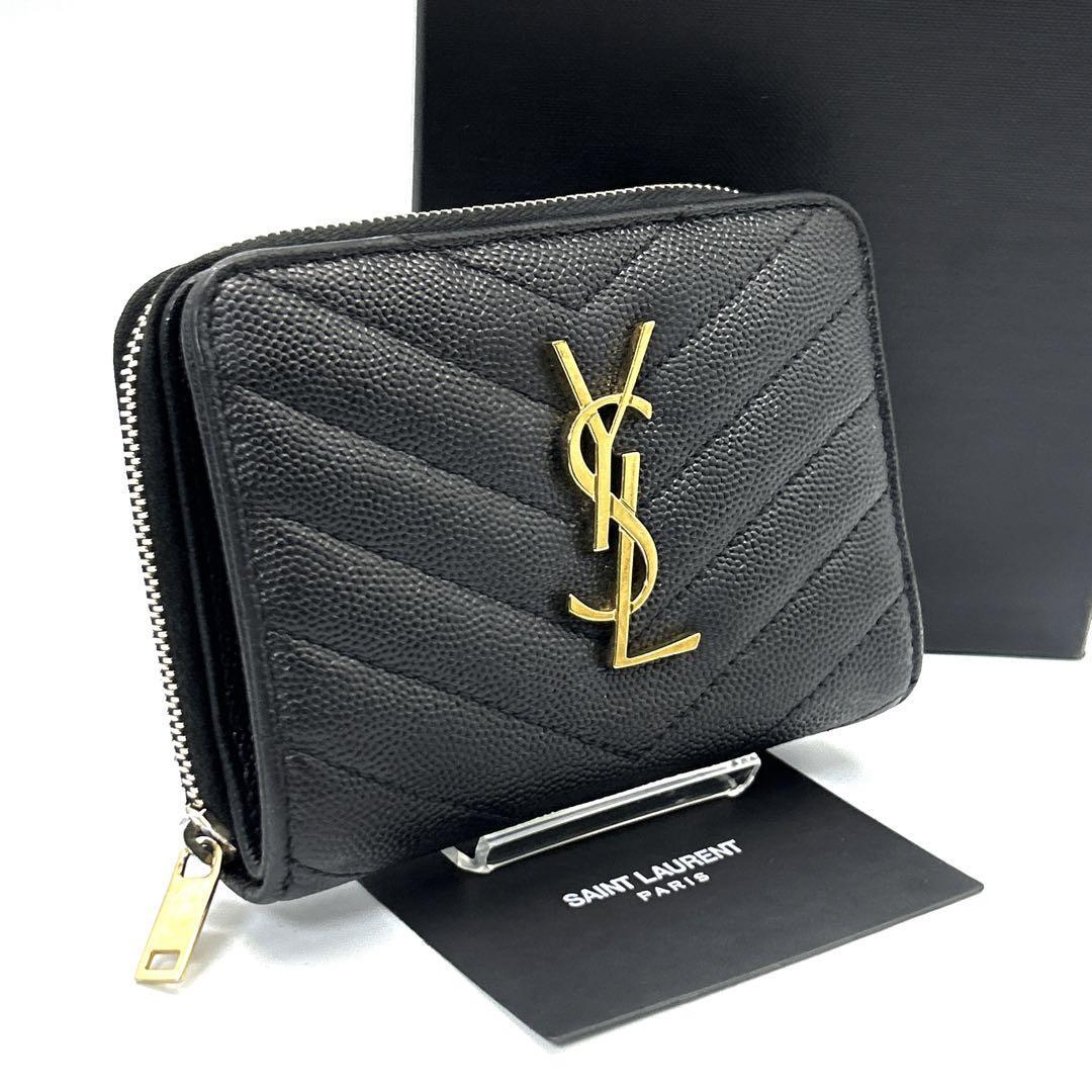 !_ превосходный товар *SAINT LAURENT солнечный rolan двойной бумажник 2. складывать черная икра s gold ka Sandra стеганое полотно YSL Logo чёрный черный женский 