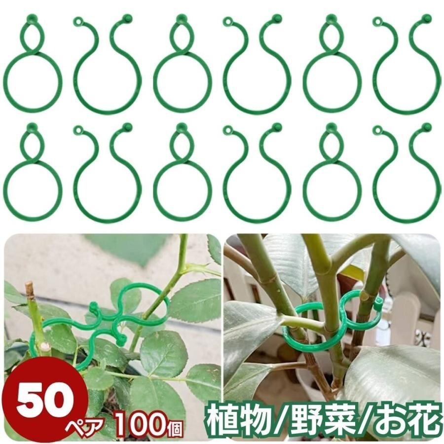 【50ペア】植物 野菜 ホルダー フックリング 4cm 50ペアセット ガーデニング ガーデン 支柱 畑 グリーン ビニールハウス