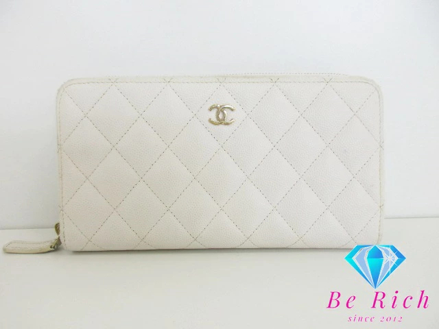 シャネル CHANEL マトラッセ 二つ折り財(cái)布 ラウンド ジップ 長(zhǎng)財(cái)布 AP0242 白 ホワイト キャビアスキン【中古】【送料無料】 bs3704