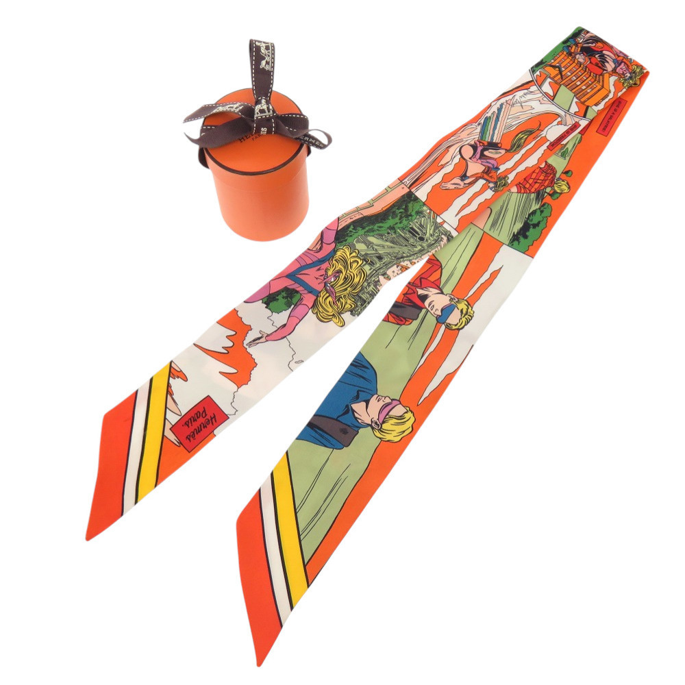 美品 エルメス ツイリー WOW アメコミ風 オレンジ ヴェール ジョーヌ シルク スカーフ 1302 HERMES