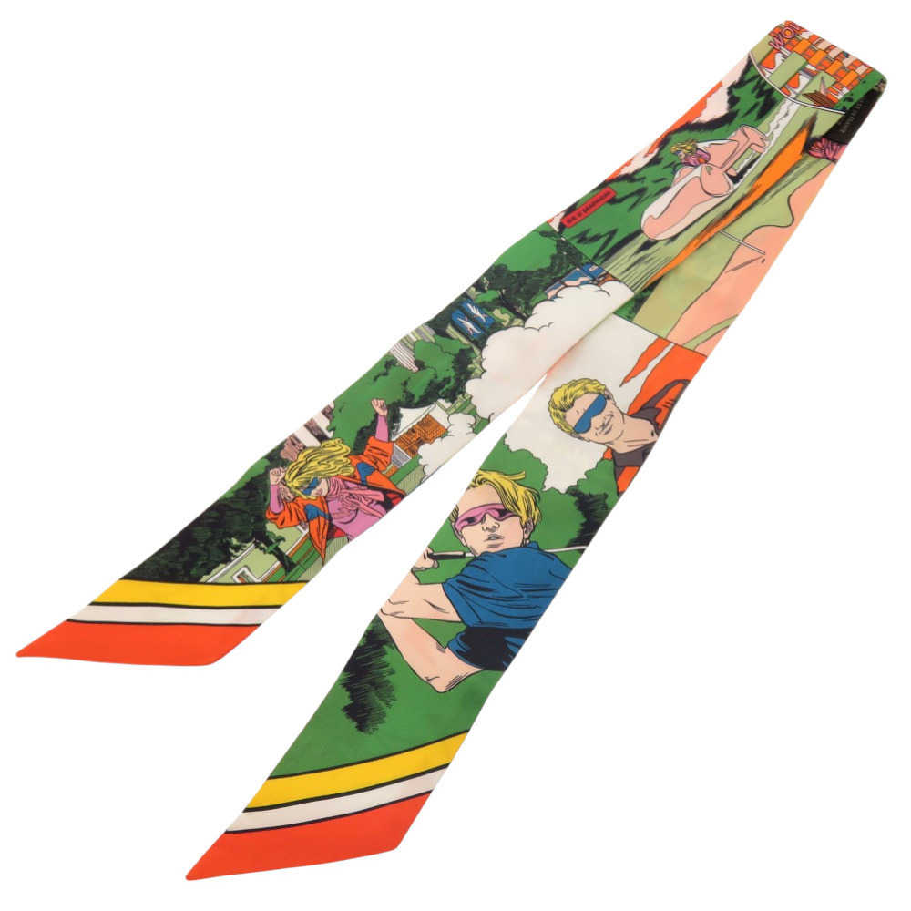 美品 エルメス ツイリー WOW アメコミ風 オレンジ ヴェール ジョーヌ シルク スカーフ 1302 HERMES