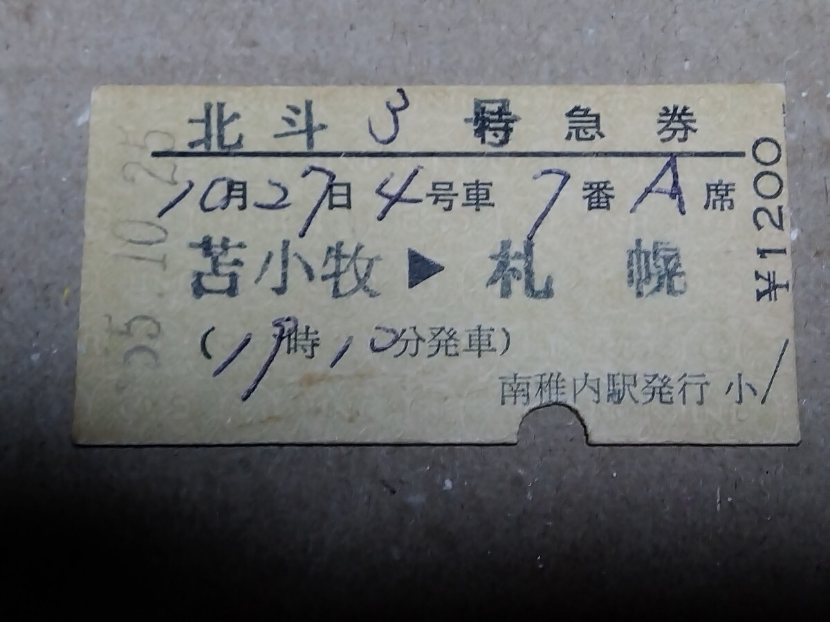 250315-185【國鉄きっぷ】硬券　苫小牧→札幌　北斗3號(hào)特急券　南稚內(nèi)駅発行　昭和55年
