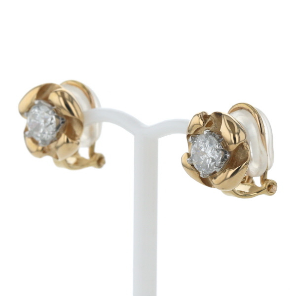 BH K18YG Pt900 イヤリング ダイヤモンド 0.620ct/0.590ct コンビ 一粒石 花 フラワー 鑑別書付き【新品仕上済】【zz】【中古】