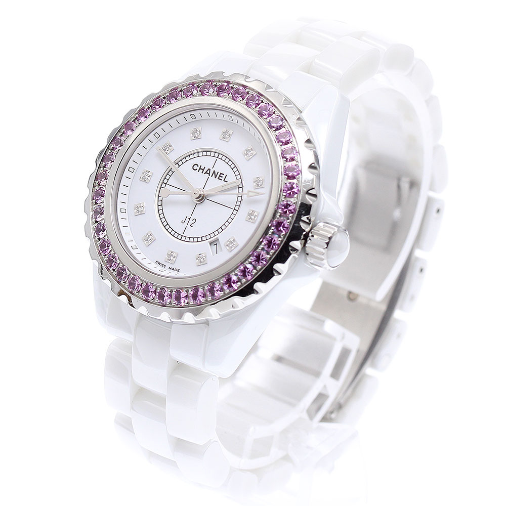 シャネル CHANEL H2010 J12 ピンクサファイアベゼル 白セラミック 12Pダイヤ クォーツ レディース _871493