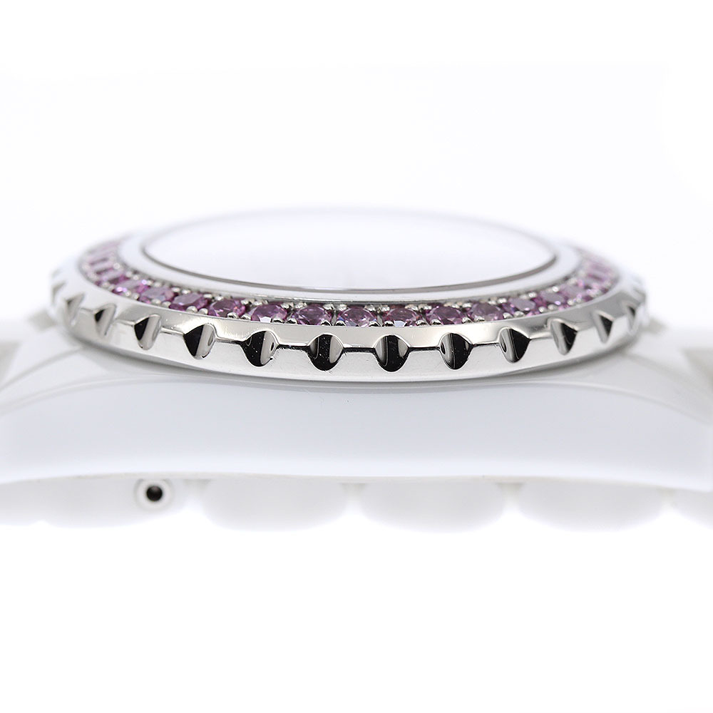 シャネル CHANEL H2010 J12 ピンクサファイアベゼル 白セラミック 12Pダイヤ クォーツ レディース _871493