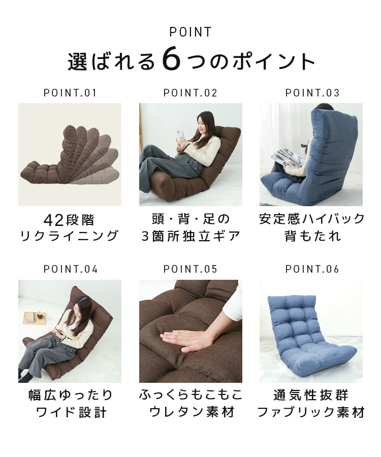 座椅子 コンパクト おしゃれ 42段ギア リクライニング ハイバック 日本製ギア 腰痛対策 一人掛け フロアソファ リビング 北欧 チェア 新品_画像3