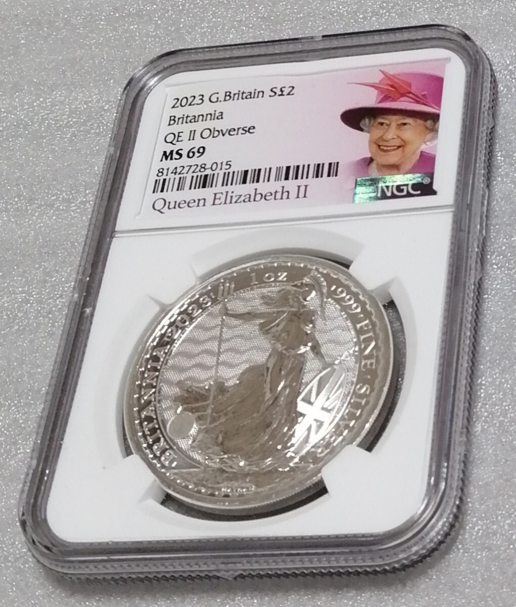 イギリス 2023 ブリタニア銀貨 NGC MS69 エリザベス女王ラベル
