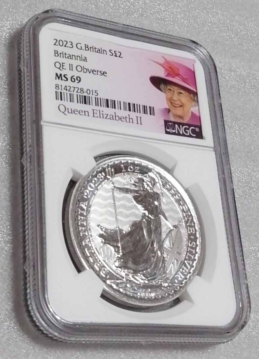 イギリス 2023 ブリタニア銀貨 NGC MS69 エリザベス女王ラベル