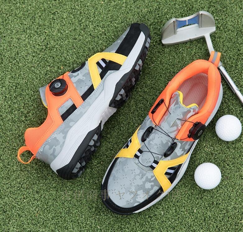 ☆新品3色選択可ゴルフシューズ 運動靴フィット感スポーツシューズ ソフトスパイク強いグリップ軽量弾力性 通気性 防水防滑オレンジ27.0cm