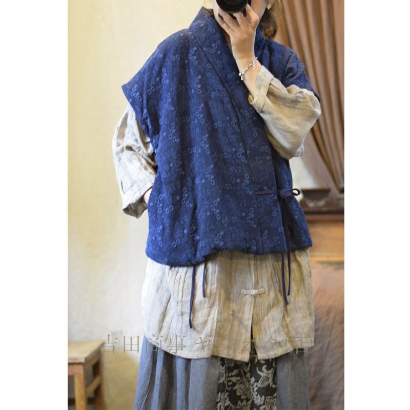 ☆新品ショットコレクション 袢纏 ベスト 中綿 手縫い手蕓 羽織物 ゆったり 綿100％ アンティーク風(fēng) 暖かい 刺花柄 ネイビー