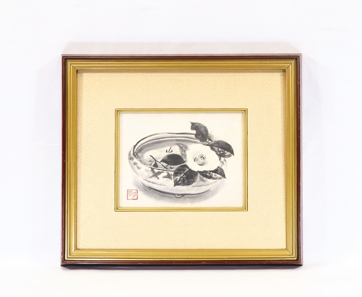 真作 穐月明 水墨「鉢の椿」画 24×19cm 2号 和歌山県出身 孤高の 真作 穐月明 水墨「鉢の椿」画 24×19cm 2号 和歌山県出身 孤高の