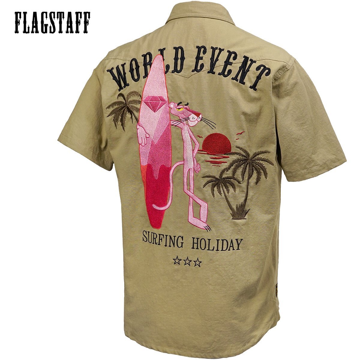 432044-100 ピンクパンサー PINK PANTHER ワークシャツ リップストップ mens メンズ サーフボード 半袖シャツ(ベージュ茶) L FLAG STAFF