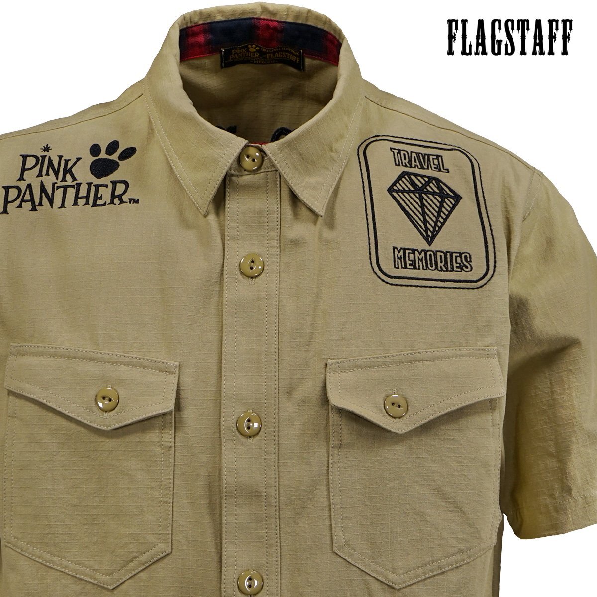 432044-100 ピンクパンサー PINK PANTHER ワークシャツ リップストップ mens メンズ サーフボード 半袖シャツ(ベージュ茶) L FLAG STAFF