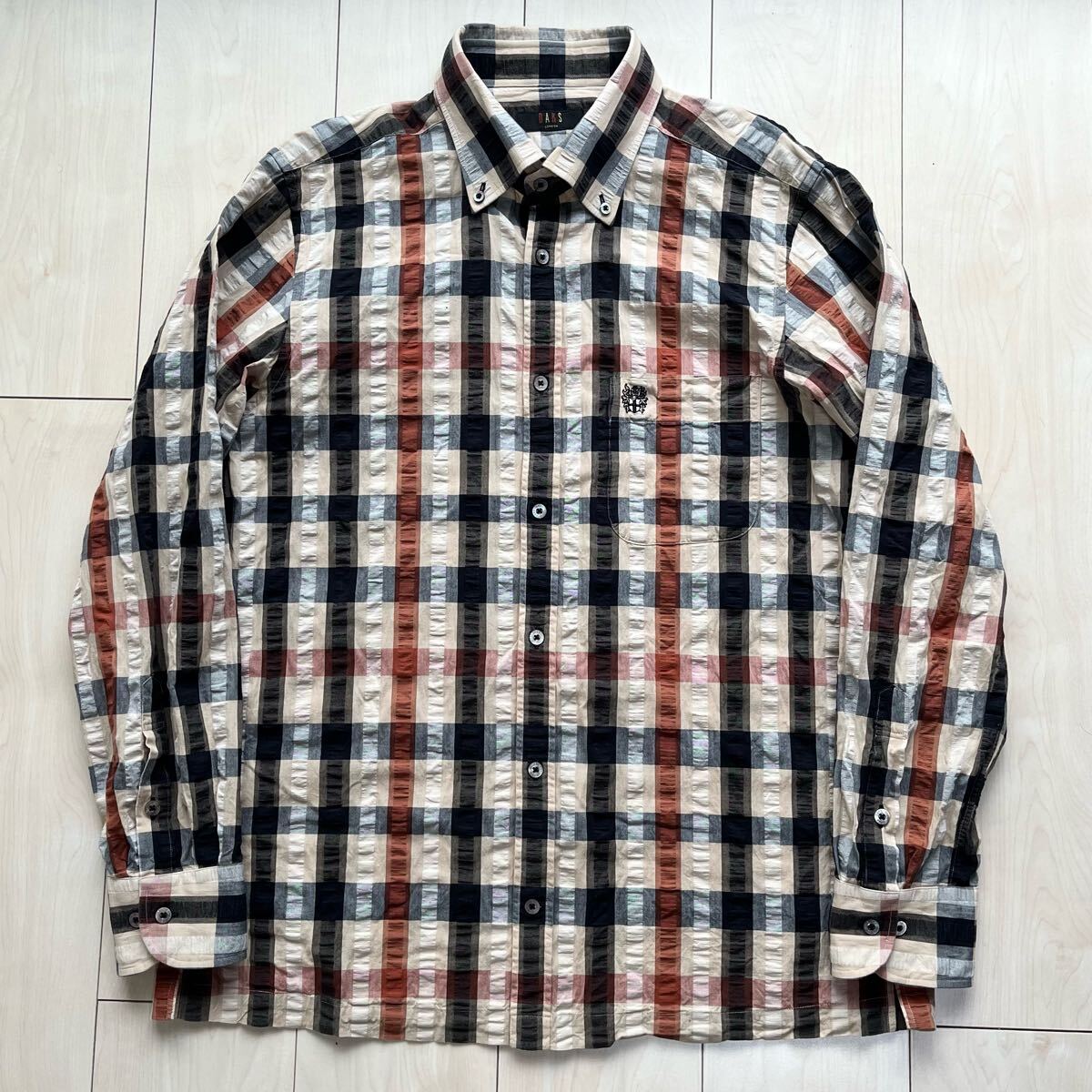 DAKS ダックス シアサッカー チェック ボタンダウンシャツ LL