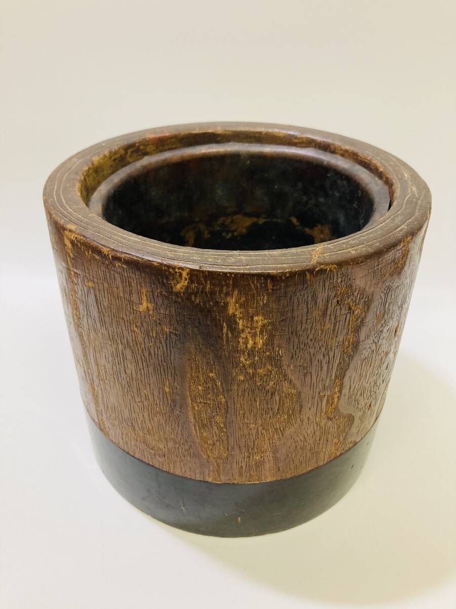 on127 簡易クリーニング済 火鉢 丸火鉢 木製火鉢 木目 金彩 昭和