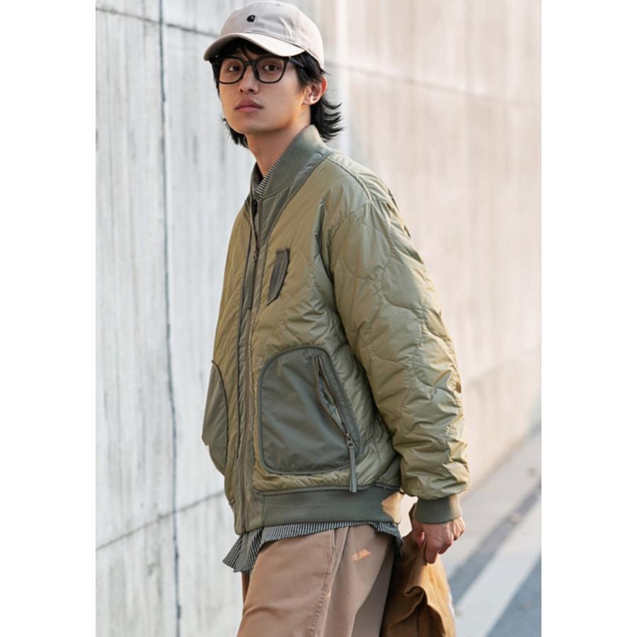 キルティング 中綿フライトジャケット 羽織 ビッグポケット 軽い メンズ 防寒 グリーン サイズ:M_画像4