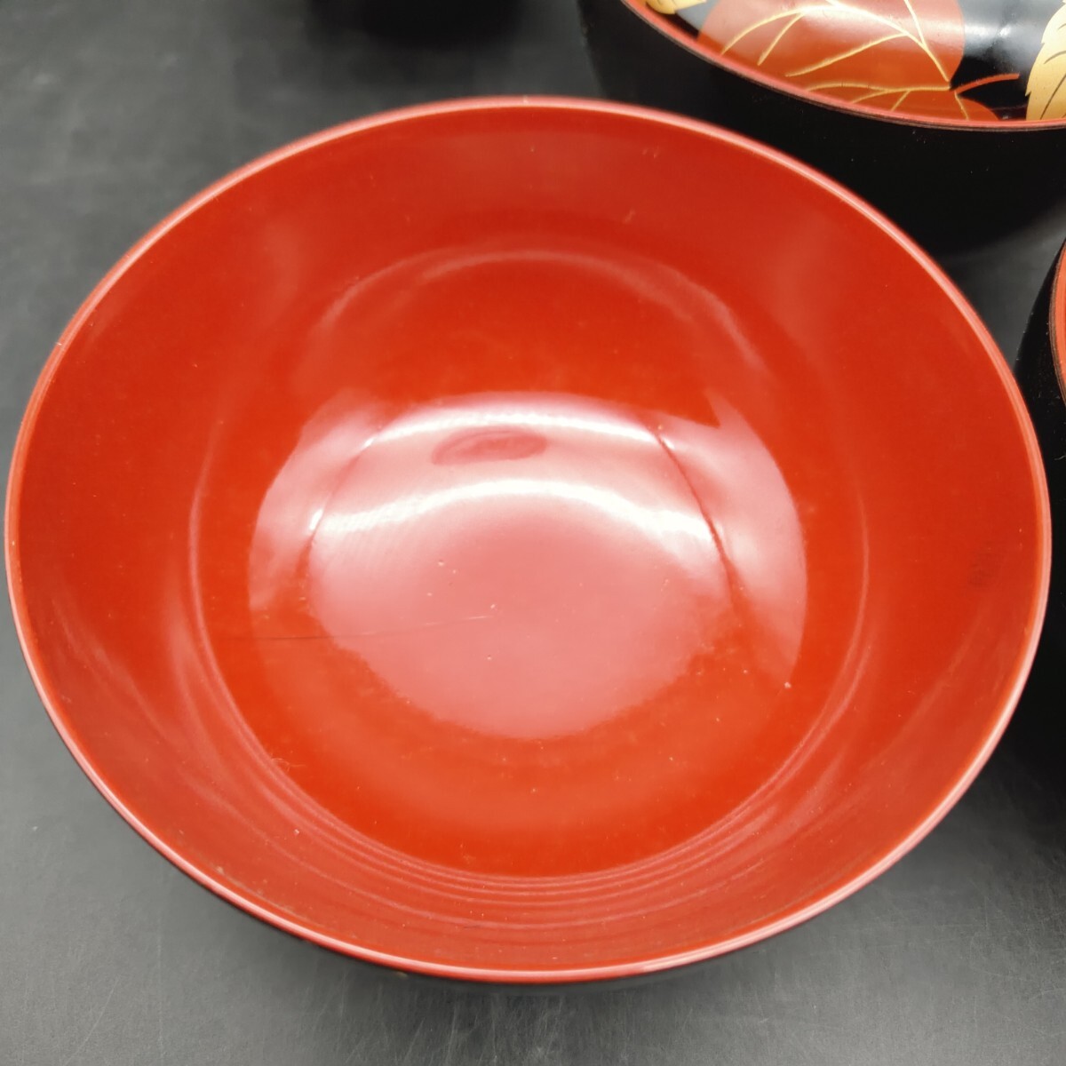 吸物椀 会津塗 5客 葡萄の葉 蓋付椀 漆黒 内朱 蓋付椀 汁椀 S135 漆器 蒔絵 和食器_画像9