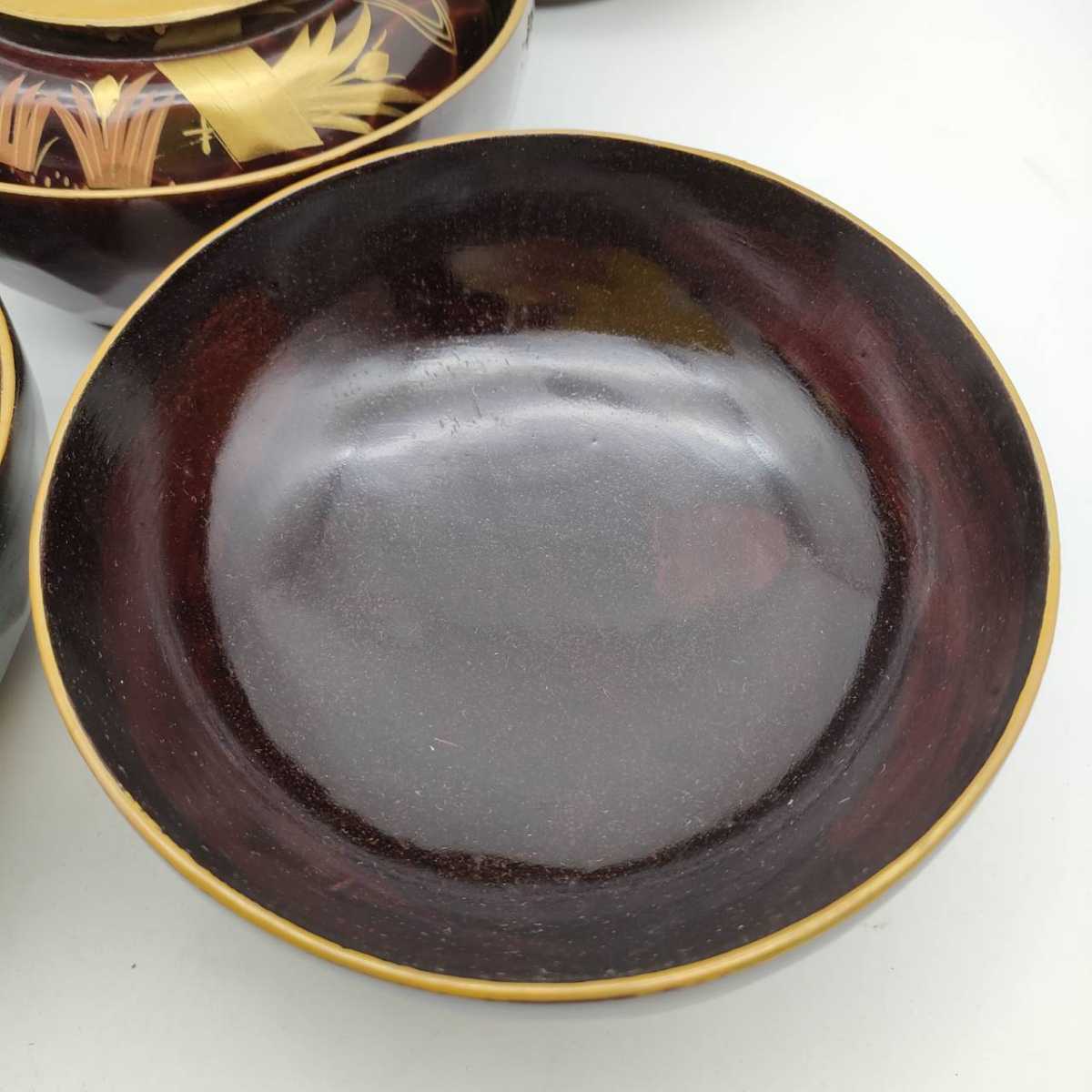 蓋付き椀 天然木 本漆塗り 菖蒲 八橋図 金蒔絵 縁金 溜塗 明治後期 手描き 漆器 骨董品 _画像4