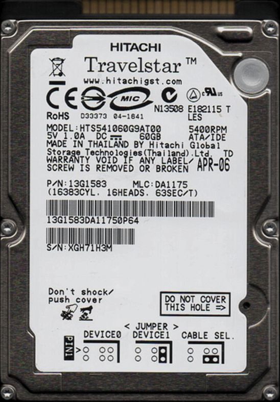 2.5インチ HITACHI HTS541060G9AT00 60GB ATA/IDE 5400rpm