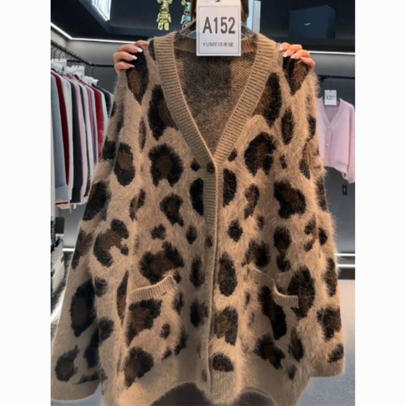 新入荷ニットカーディガン レディース ゆったり 大きいサイズ 体型カバー ヒョウ柄 長袖 カーディガン Vネック 柔らか アウター (M-5XL)