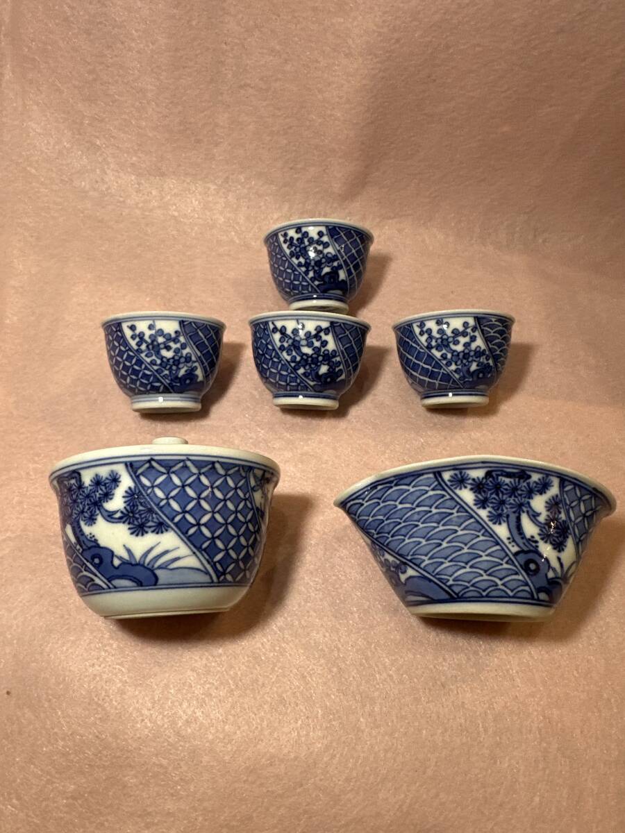 平安春峰造 松竹梅波紋煎茶茶碗4客/宝瓶 /湯冷し/茶托 茶道具 平安春峰造 松竹梅波紋煎茶茶碗4客/宝瓶 /湯冷し/茶托 茶道具
