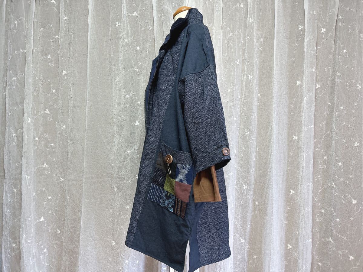 51☆ハンドメイド☆絣著物リメイク☆絣オーバーサイズジャケット☆パッチワーク☆藍(lán)染木綿☆久留米絣☆備后絣☆書生絣☆絵絣☆大島紬