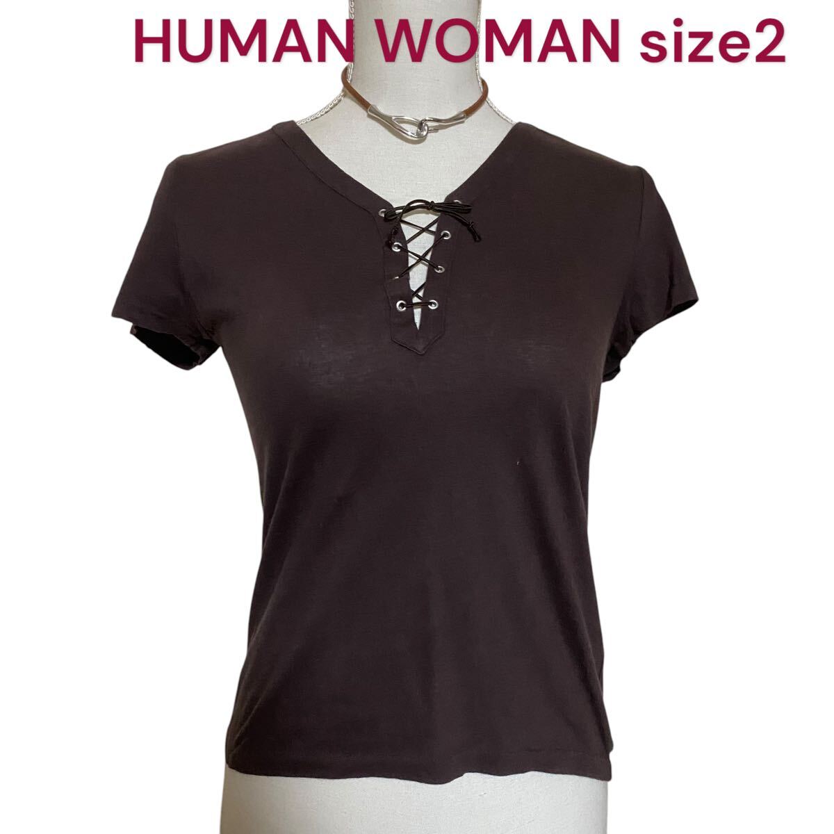 ヒューマンウーマン　編み上げ　コットン　Tシャツ　カットソー　トップス HUMAN WOMAN 2、M、9號(hào)