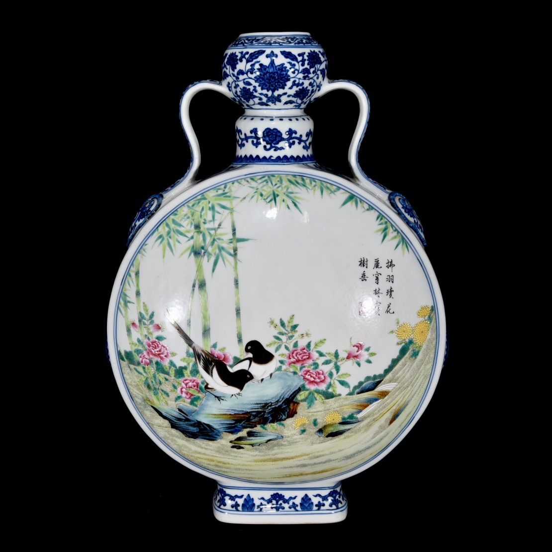 中国古玩 大清乾隆年製 鶏草花紋 茶器 水差し 置物 高さ約26.3cm 時代物 珍品旧蔵* 清乾隆青花粉彩花鳥紋如意耳扁瓶 陶磁器