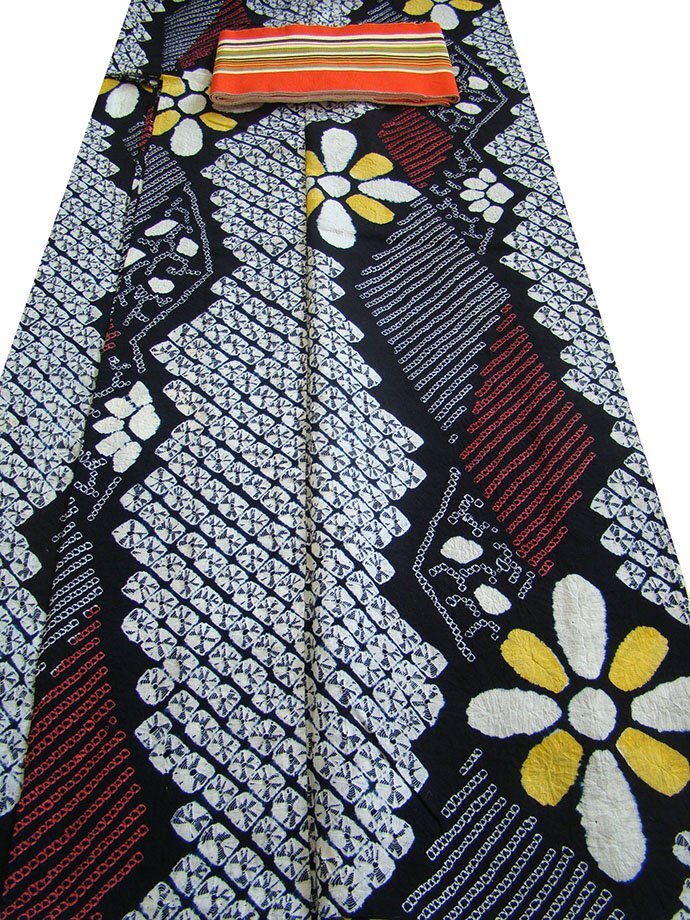 時代屋 美品 裄63.6cm S寸 お洒落 鳴海 総絞り 浴衣・ 四寸帯 セット 147cm～153cm Ys345_画像6