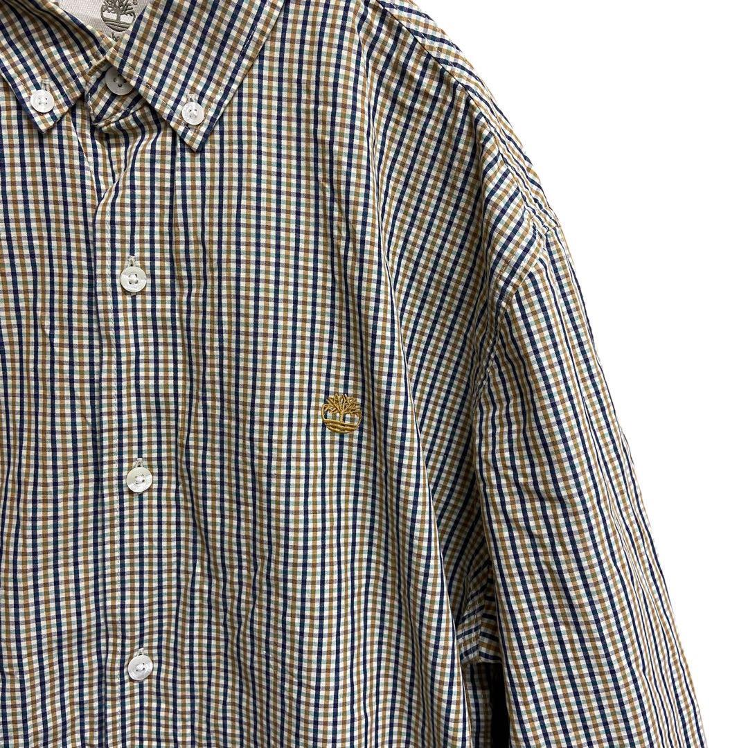 ティンバーランド　メンズ長袖シャツ　L　薄茶×青　チェック柄　コットン【2741