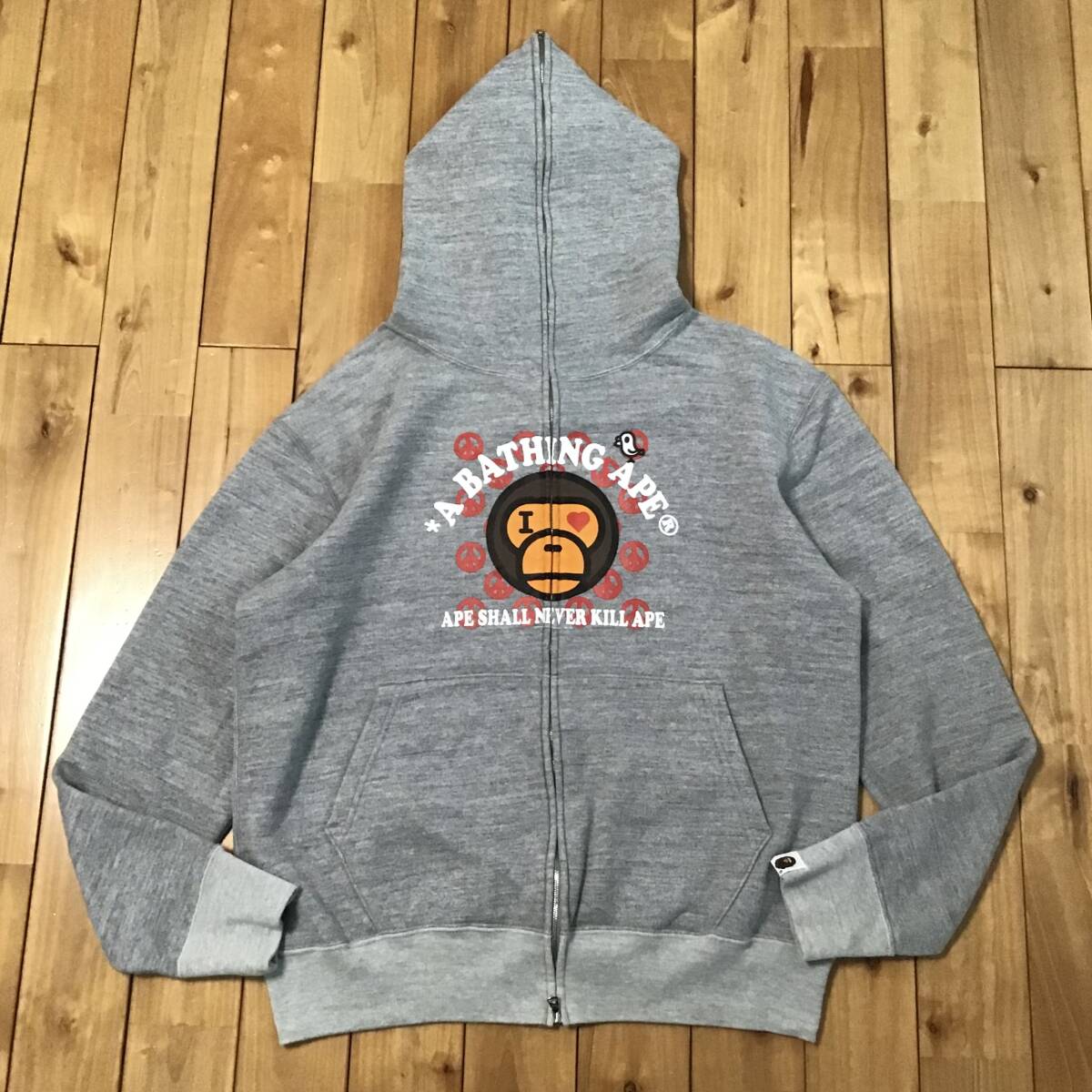 MILO LOGO フルジップ パーカー Mサイズ グレー a bathing ape BAPE full zip hoodie エイプ ベイプ アベイシングエイプ マイロ NIGO n5341