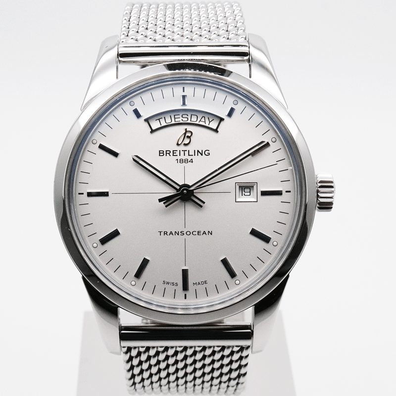 BREITLING ブライトリング A45310 トランスオーシャン デイデイト シルバー 自動巻 新品仕上げ済 美品 正規(guī)店購入品 腕時計 送料無料?。? bimg=