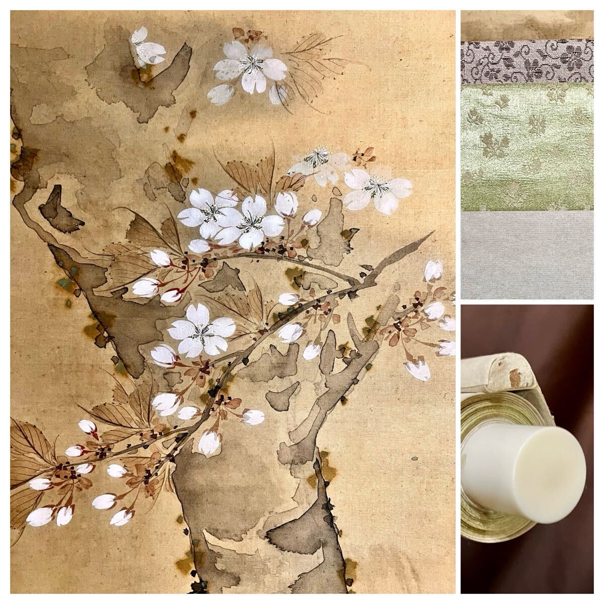 真作】【仙】厳選品 佐久間棲谷「桜花双鳩図」絹本 肉筆 合箱