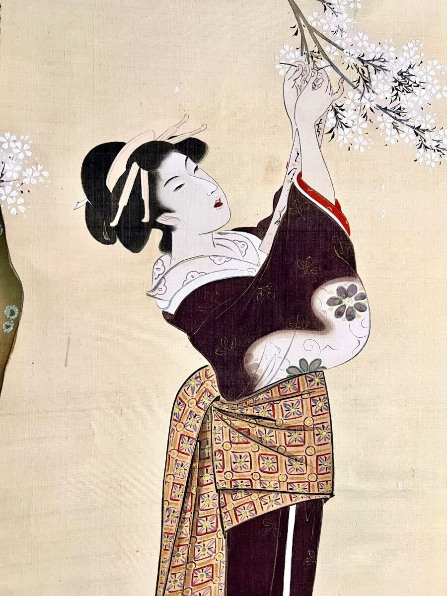 真作】【仙】池田桂仙「月下美人 桜花美人図 双幅」絹本 肉筆 合 真作】【仙】池田桂仙「月下美人 桜花美人図 双幅」絹本 肉筆 合