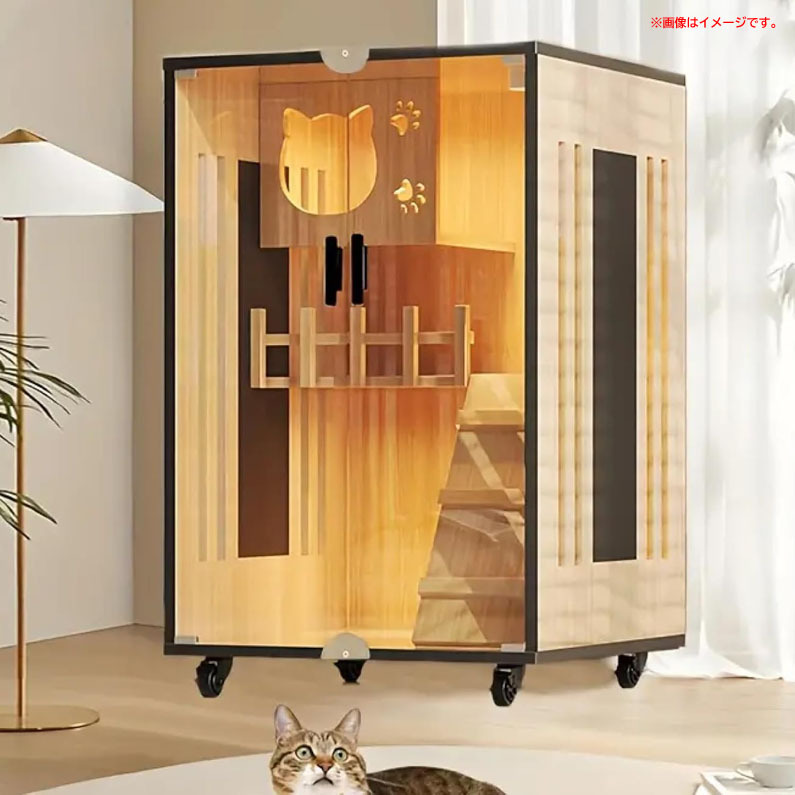 D4112YO ◆0310_2凹猫 ケージ 2段 木製 Mycat Mycat003 窓付き ガラス扉 両開き キャットケージ未使用 ペット用品