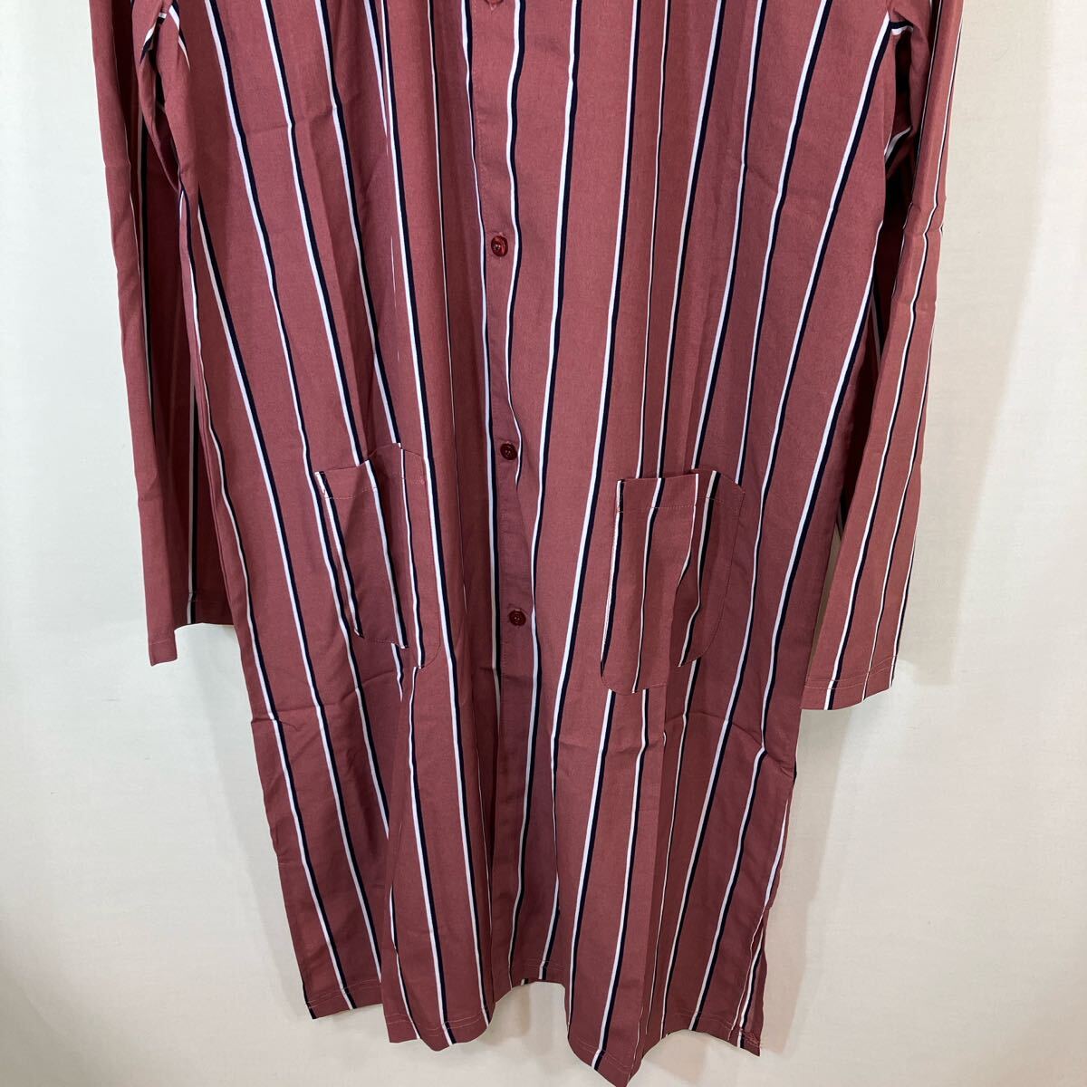 LEYLAH men's メンズ　トップス　長袖　ストライプ柄　スーパーロング丈シャツ　ロングスリーブ　size:L collar:ピンク　