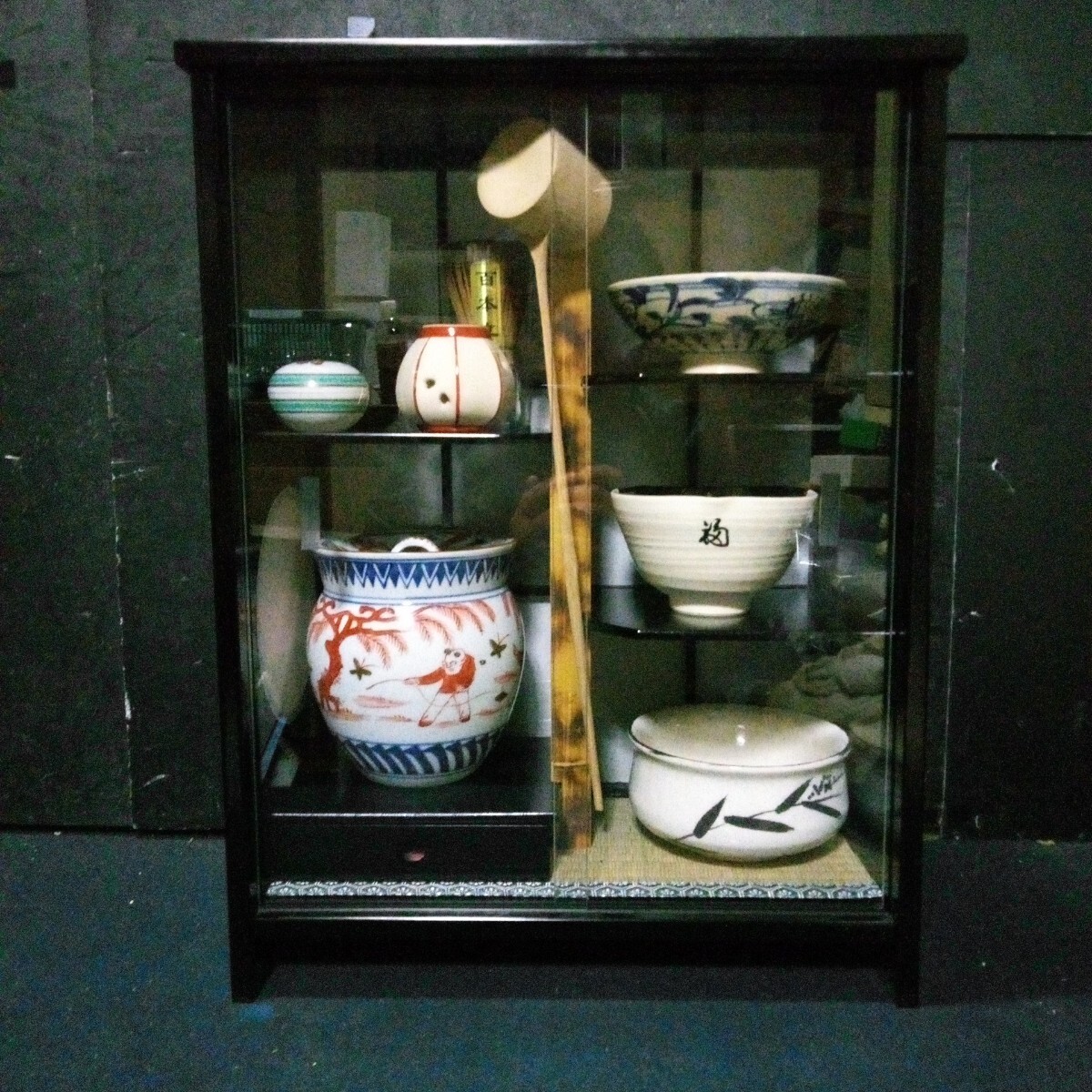 茶道具揃一式 飾り棚(ガラス引き戸付)茶道具10点セット 茶箪笥