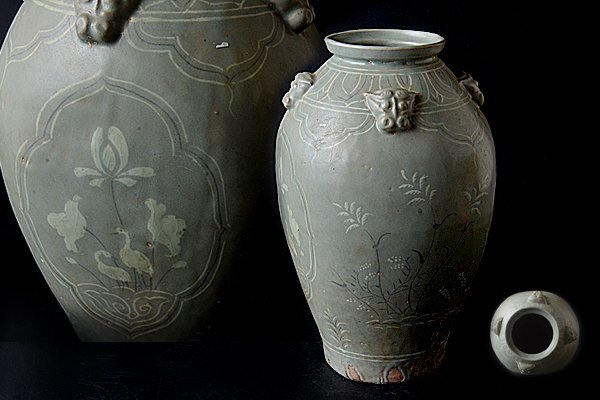 u439【和み】李朝時代 高麗青磁白黒象嵌花鳥文四耳花入 検